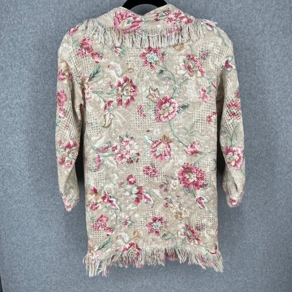 Womens Shawl Collar Floral Knit Jacket Size L Cottage Neutral Fringe Country - Picture 6 of 14